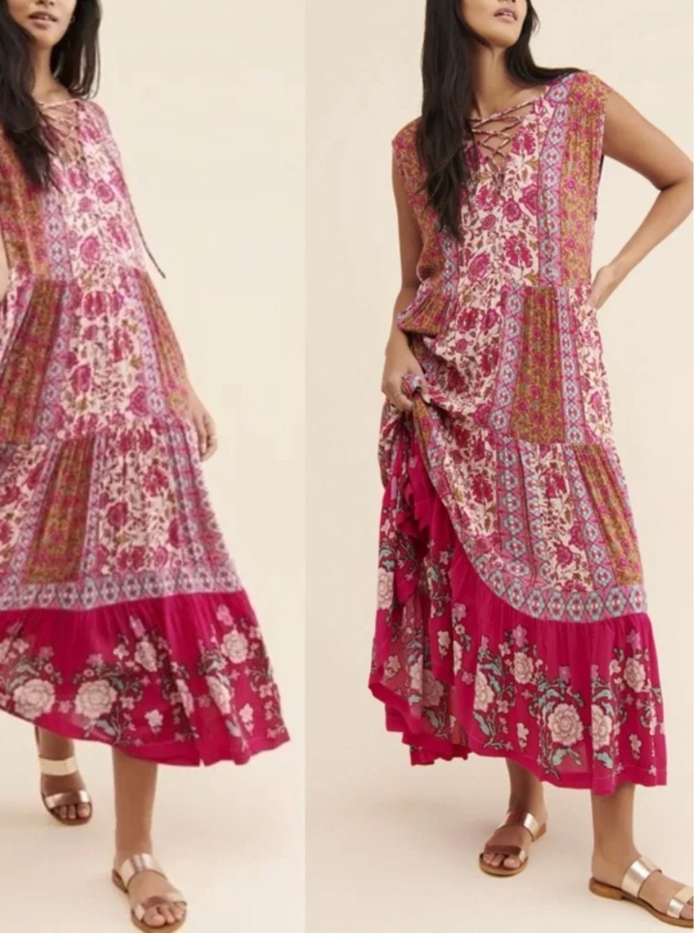 Free People Hanalei Bay Maxi Dress Patchwork Boho Floral Tiered Maxi Dress - Picture 3 of 13